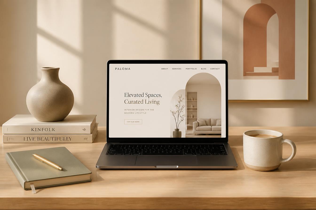 A calm, curated workspace with a laptop showing a beautiful website, a ceramic vase, and soft morning light